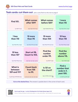 Free printable math worksheet: “120 Chart Mat and Task Cards”, 1st grade