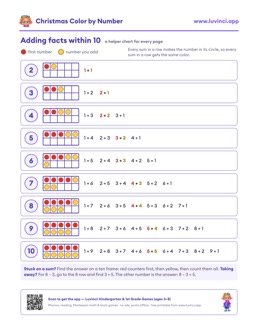 Free printable math worksheet: “Christmas Color by Number”, kindergarten and 1st grade