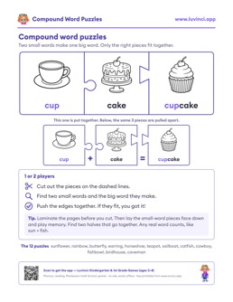 Free printable compound words printable: “Compound Word Puzzles” (UFLI lessons 63–68), kindergarten and 1st grade
