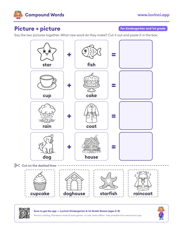 Preview of Compound Words Worksheets and List for Kids (Free PDF)