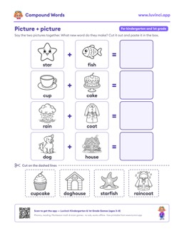 Free printable compound words printable: “Compound Words Worksheets and List for Kids” (UFLI lessons 63–68), kindergarten and 1st grade