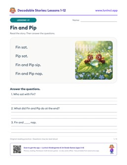 Free printable decodable stories with comprehension questions, lessons 1-12: Fin and Pip, Pip and Pat, Pat and Fin (kindergarten)