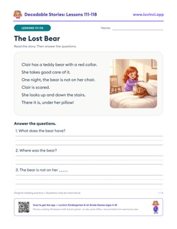Free printable decodable stories with comprehension questions, lessons 111-118: The Lost Bear, The Sleigh Ride, Gemma's Gem (2nd grade)