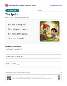 Free printable decodable stories with comprehension questions, lessons 35-41: The Sprint, The Raft, The Bug and the Bun (kindergarten 1st grade)