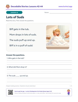 Free printable decodable stories with comprehension questions, lessons 42-44: Lots of Suds, Nell and the Gull, Nell and the Duck (kindergarten 1st grade)