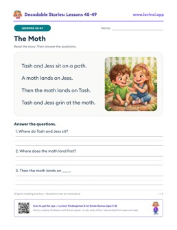 Free printable decodable stories with comprehension questions, lessons 45-49: The Moth, The Shell, The Chest (kindergarten 1st grade)