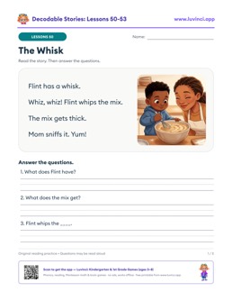 Free printable decodable stories with comprehension questions, lessons 50-53: The Whisk, The Pink Fish, The Swing (kindergarten 1st grade)