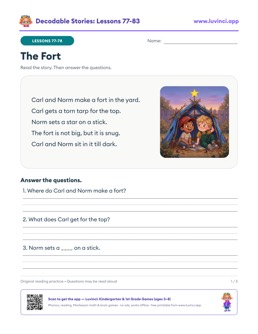 Free printable decodable stories with comprehension questions, lessons 77-83: The Fort, The Letter, The Worm (1st grade)