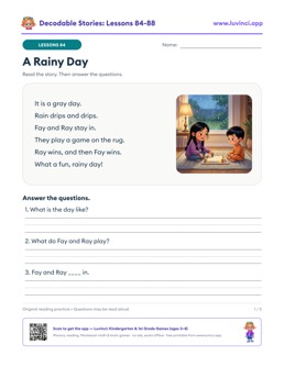 Free printable decodable stories with comprehension questions, lessons 84-88: A Rainy Day, Moe the Goat, The Bright Light (1st grade)