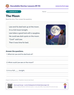 Free printable decodable stories with comprehension questions, lessons 89-94: The Moon, Good Stew, The Hawk (1st grade)