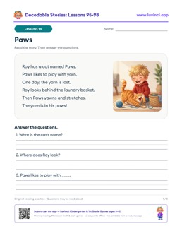 Free printable decodable stories with comprehension questions, lessons 95-98: Paws, The Storm, The Mouse (1st grade)