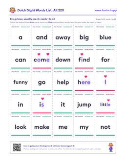 Free printable sight words printable: “Dolch Sight Words List: All 220 by Grade”, kindergarten and 1st grade