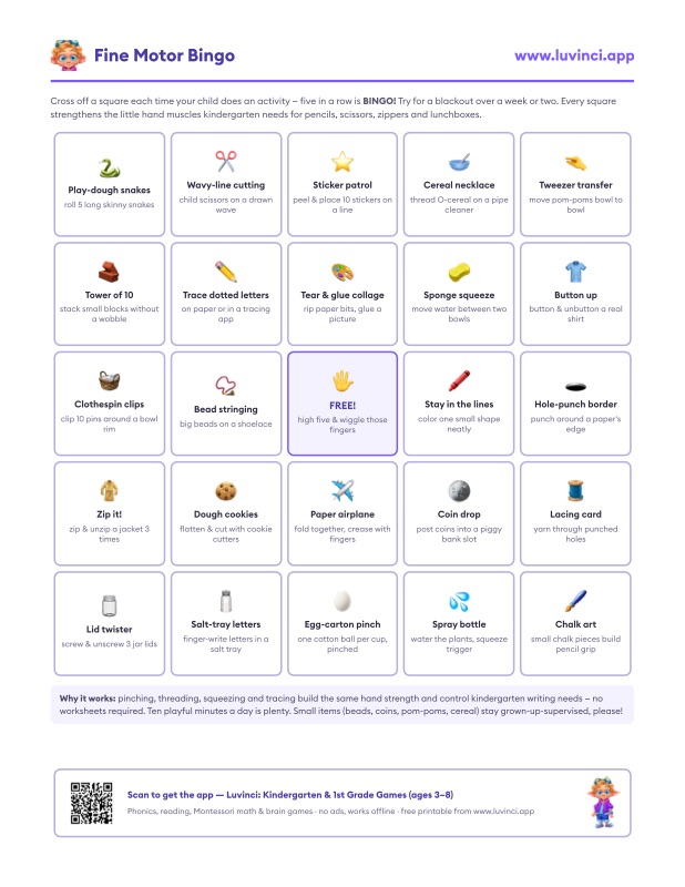 Preview of Fine Motor Skills for Kindergarten: 24 Playful Activities (Free Bingo PDF)