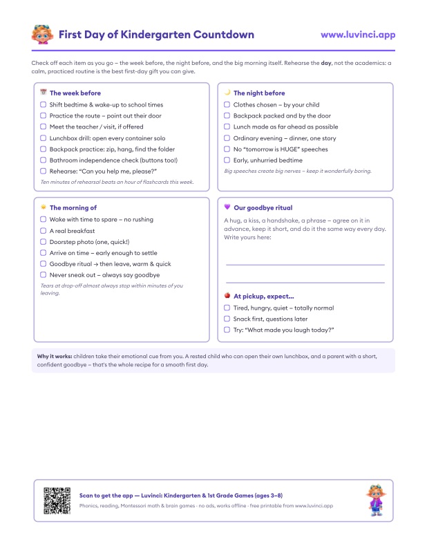 Preview of First Day of Kindergarten: Tips for a Smooth Start (Free Countdown Checklist)