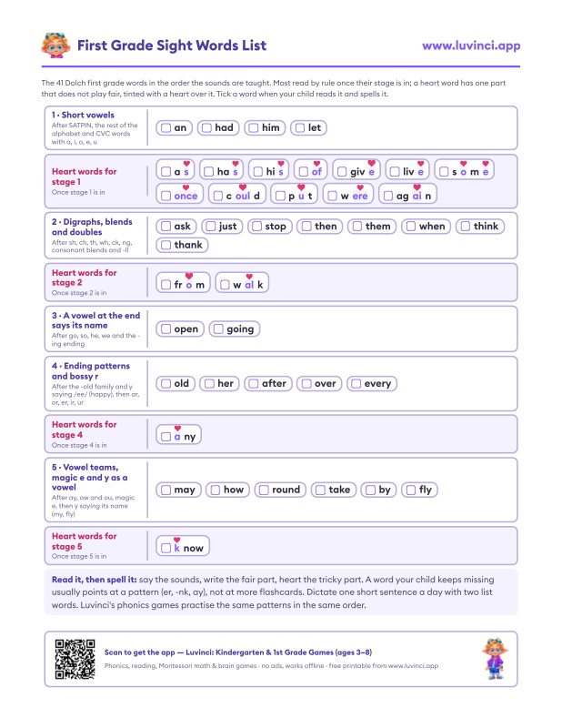 Preview of First Grade Sight Words List: 41 Dolch Words by Stage (Free Printable PDF)