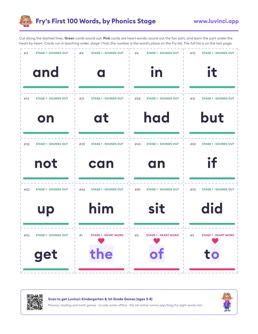 Free printable sight words printable: “Fry Sight Words List & Flash Cards: First 100”, kindergarten and 1st grade