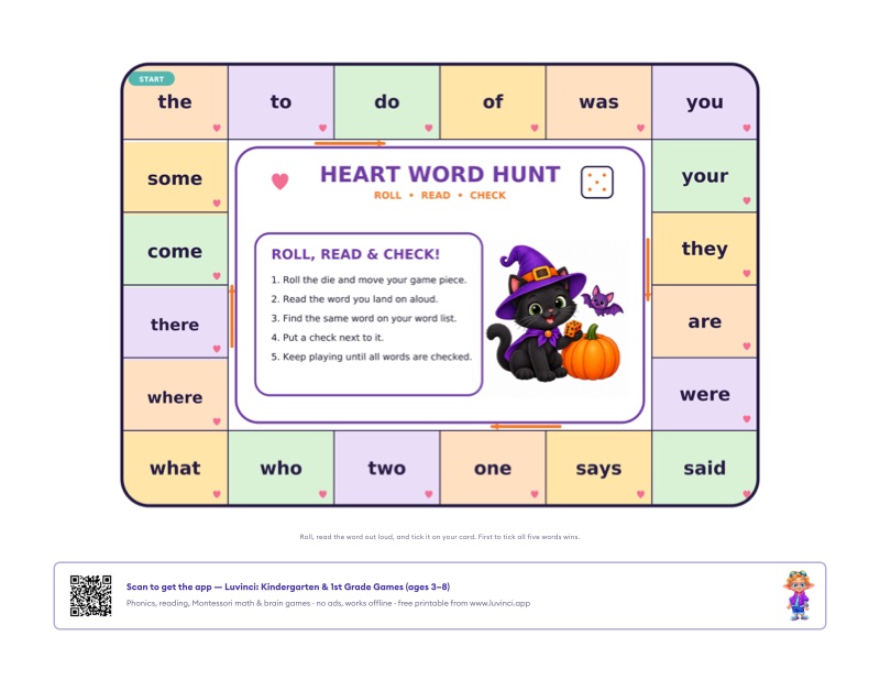 Preview of Sight Word Board Game: 20 Heart Words (Free Printable PDF)