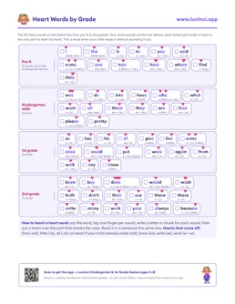 Free printable heart words printable: “Heart Words: What They Are, Plus a Free List by Grade”, kindergarten and 1st grade