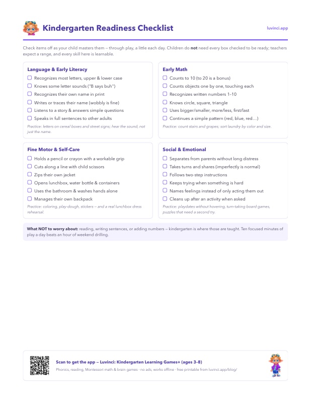 Preview of Free Printable Kindergarten Readiness Checklist (One-Page PDF)