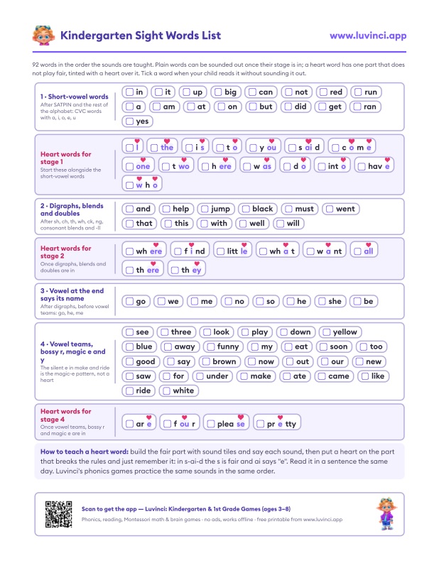 Preview of Kindergarten Sight Words List: 92 Dolch Words (Free Printable PDF)