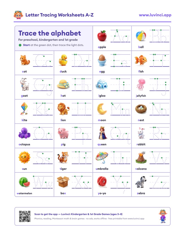 Preview of Letter Tracing Worksheets A-Z (Free Alphabet Tracing PDF)