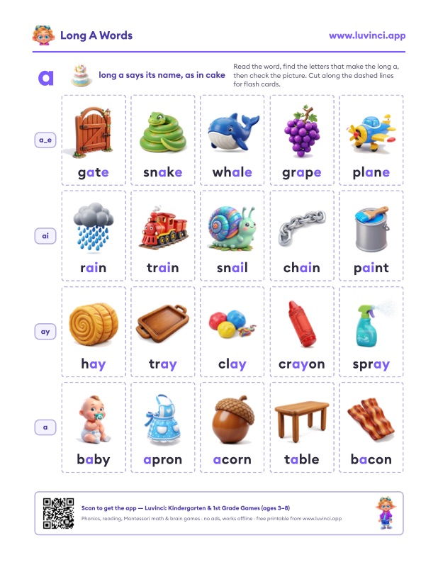 Preview of Long A Words: Lists by Spelling for Kindergarten and 1st Grade