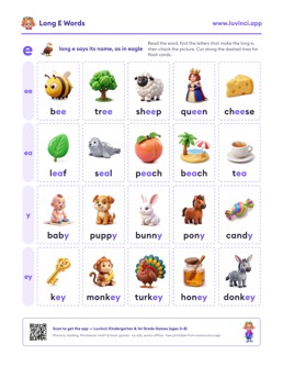 Free printable long vowels printable: “Long E Words: Lists by Spelling (ee, ea, y), With Sentences” (UFLI lessons 54–62), kindergarten and 1st grade