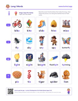 Free printable long vowels printable: “Long I Words: Lists by Spelling (i_e, y, igh, ie), With Sentences” (UFLI lessons 54–62), kindergarten and 1st grade
