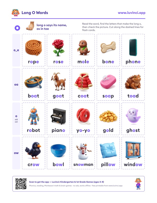 Preview of Long O Words: Lists by Spelling (o_e, oa, ow), With Sentences