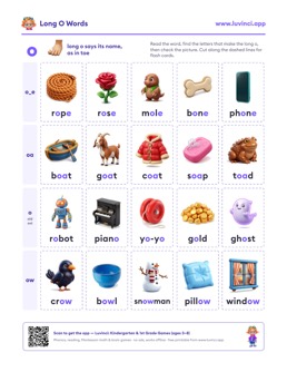 Free printable long vowels printable: “Long O Words: Lists by Spelling (o_e, oa, ow), With Sentences” (UFLI lessons 54–62), kindergarten and 1st grade