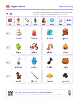 Free printable long vowels printable: “Magic E Words: Silent E Words List by Vowel” (UFLI lessons 54–62), kindergarten and 1st grade