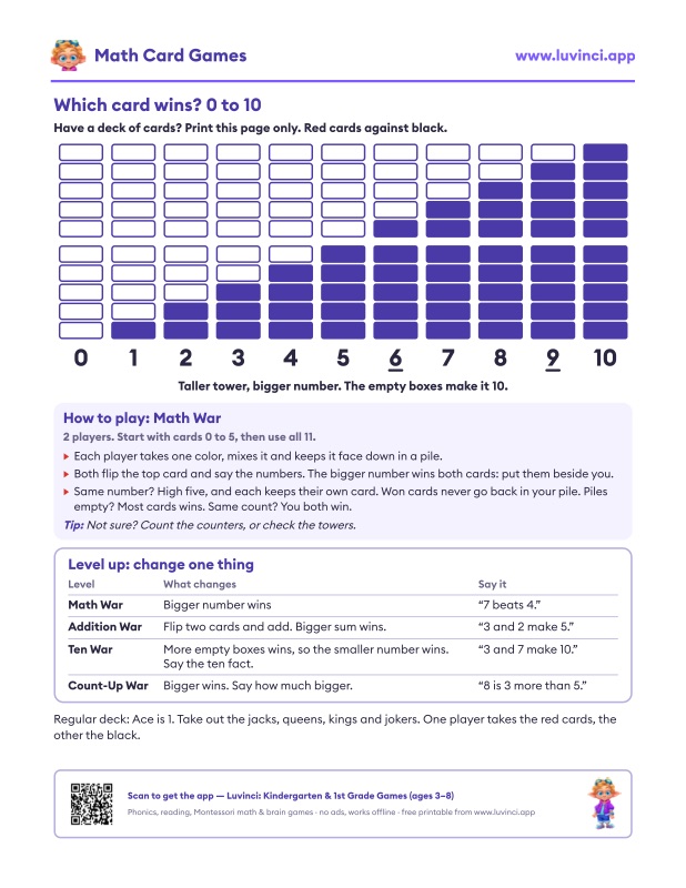 Preview of 4 Easy Math Card Games for Kindergarten (Free Printable Cards)