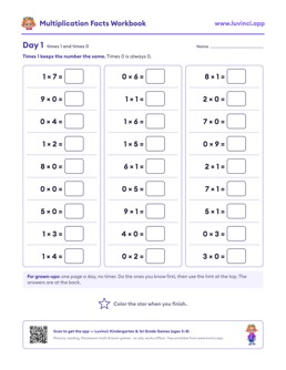 Free printable math worksheet: “Multiplication Facts Workbook”, 3rd grade