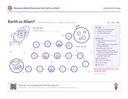 Free printable short vowels spinner board game and word list: “Nonsense Words List by Grade: Screened + Free PDF”, kindergarten and 1st grade