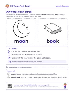 Free printable vowel patterns printable: “OO Words Flash Cards” (UFLI lessons 89–94), kindergarten and 1st grade