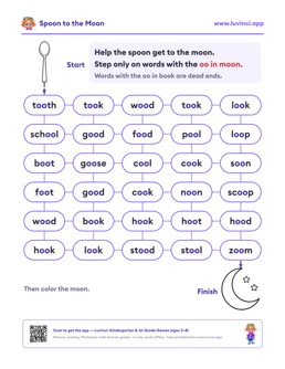 Free printable vowel patterns printable: “Spoon to the Moon: oo Words Maze” (UFLI lessons 89–94), kindergarten and 1st grade