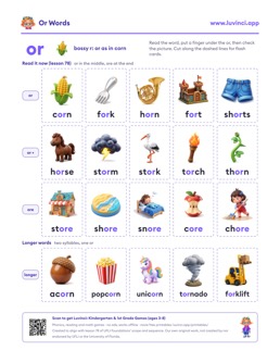 Free printable bossy r printable: “Or Words Flash Cards: or and ore” (UFLI lessons 77–83), kindergarten and 1st grade