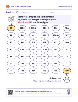 Free printable math worksheet: “Path to 120: Counting Maze”, 1st grade