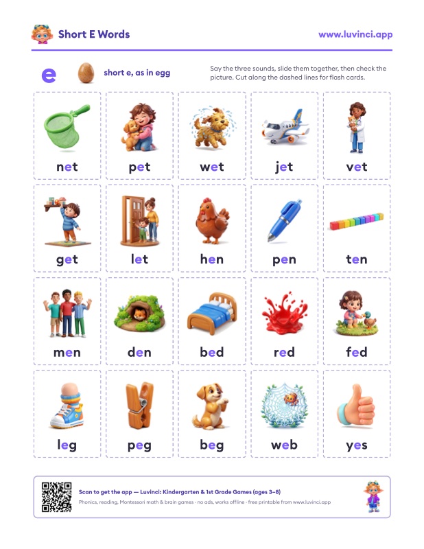 Preview of Short E Words: Word Lists and Sentences for Kindergarten