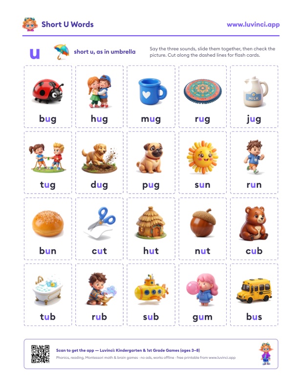 Preview of Short U Words: Word Lists and Sentences for Kindergarten