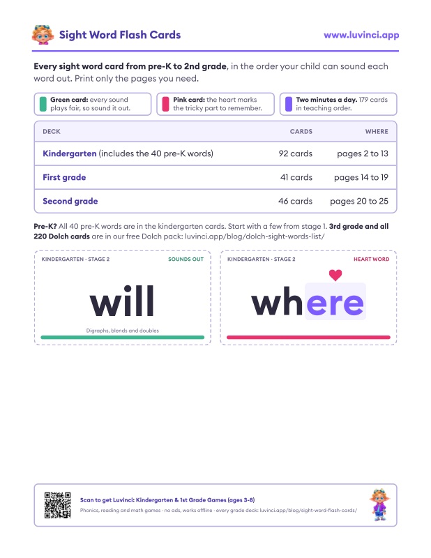 Preview of Free Printable Sight Word Flash Cards by Grade (PDF)