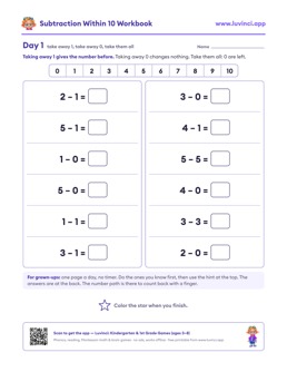 Free printable math worksheet: “Subtraction Within 10 Workbook”, kindergarten and 1st grade