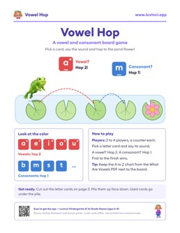 Free printable letter sounds roll and read board game: “Vowel Hop: Vowel and Consonant Board Game” (UFLI lessons 1–34), pre-K and kindergarten