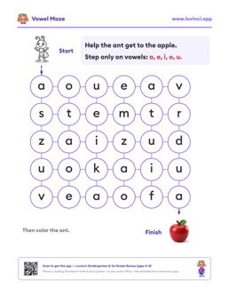 Free printable letter sounds printable: “Vowel Maze” (UFLI lessons 1–34), pre-K and kindergarten