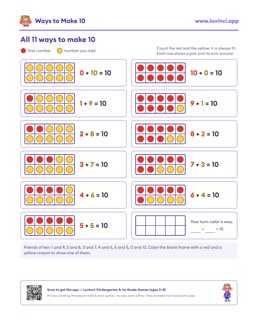 Free printable math worksheet: “Ways to Make 10”, kindergarten and 1st grade