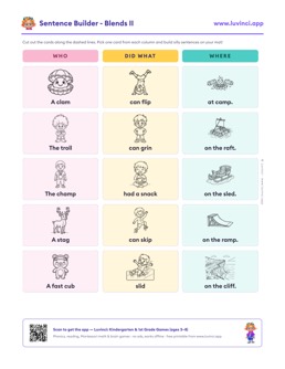 Free printable blends cut-out sentence building worksheet: “Sentence Builder - Blends II” (UFLI lessons 35–41), kindergarten and 1st grade
