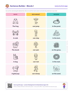 Free printable blends cut-out sentence building worksheet: “Sentence Builder - Blends I” (UFLI lessons 35–41), kindergarten and 1st grade