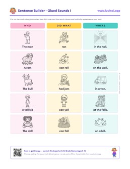 Free printable glued sounds cut-out sentence building worksheet: “Sentence Builder - Glued Sounds I” (UFLI lessons 42–53), kindergarten and 1st grade