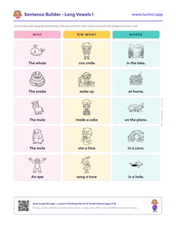 Free printable long vowels cut-out sentence building worksheet: “Sentence Builder - Long Vowels I” (UFLI lessons 54–62), kindergarten and 1st grade