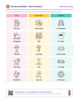 Free printable short vowels cut-out sentence building worksheet: “Sentence Builder - Short Vowels I” (UFLI lessons 35–41), kindergarten and 1st grade